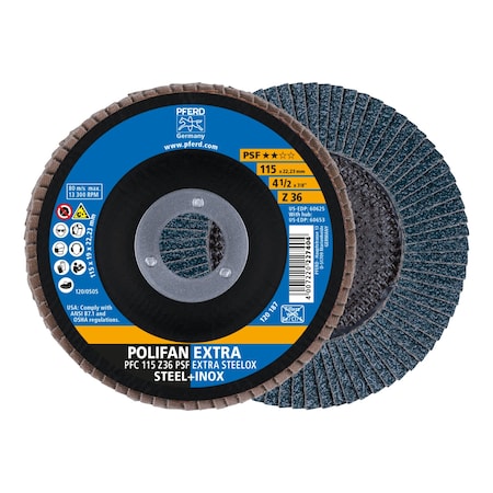 Pferd 4-1/2" x 7/8" A.H. POLIFAN Flap Disc - Z PSF EXTRA STEELOX, Zirconia, 36 Grit, Conical 60625